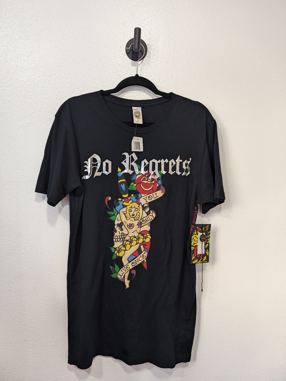 Ed Hardy Black 'No Regrets' Tattoo Graphic Tee - Multicolor Skull & Rose